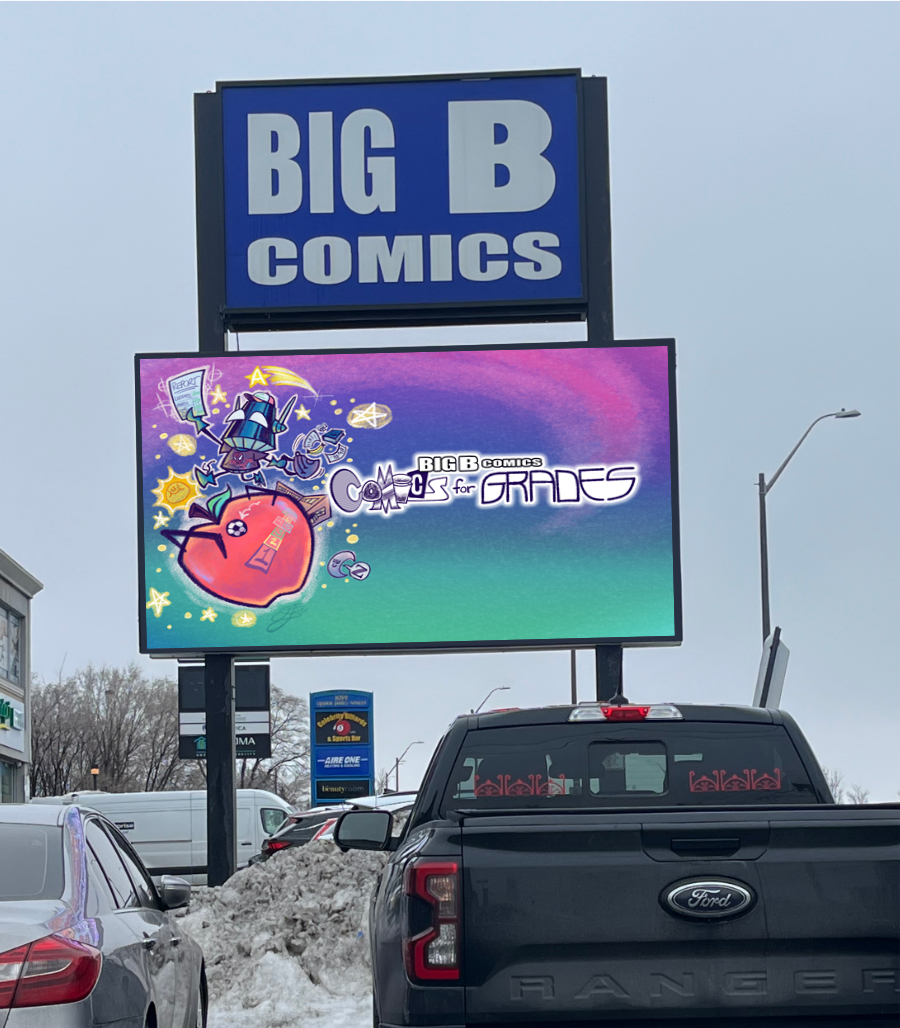 Full colour LED digital pylon sign for Big B Comics retail store Hamilton Ontario