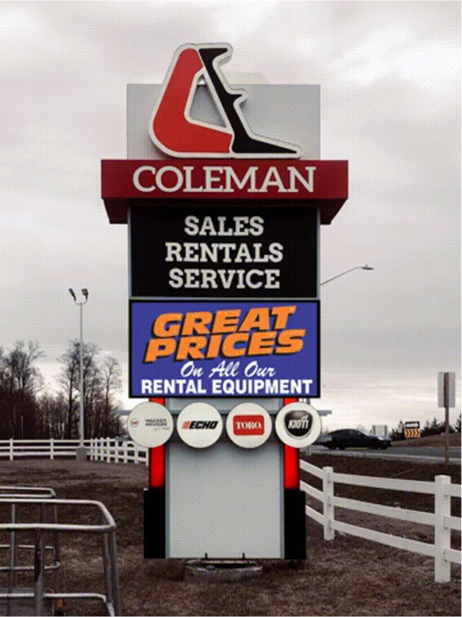 LED digital pylon sign for Coleman Equipment sales rentals and service Southern Ontario
