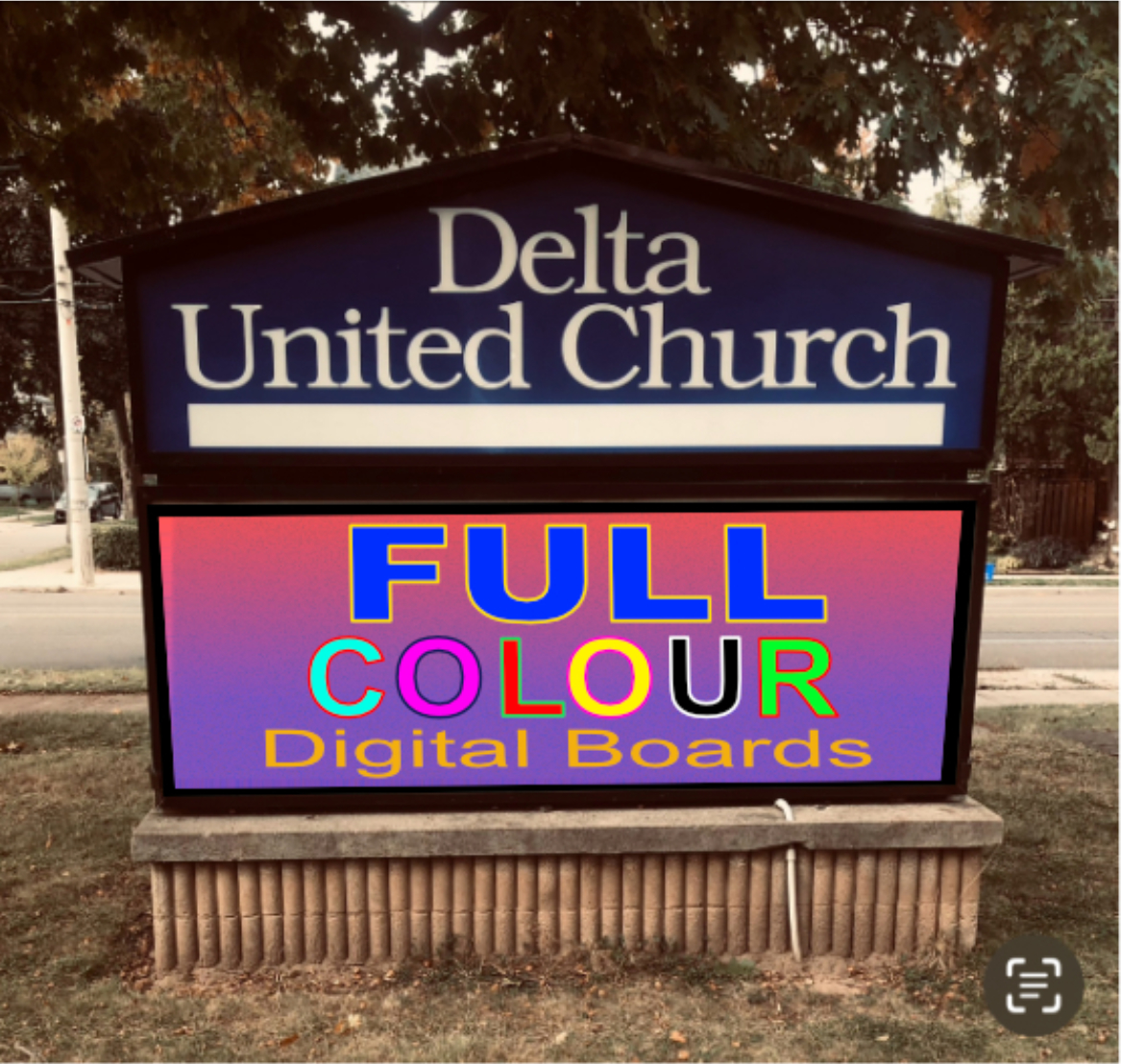 Full colour LED digital message board installed at Delta United Church by Dover Digital Signs Ontario