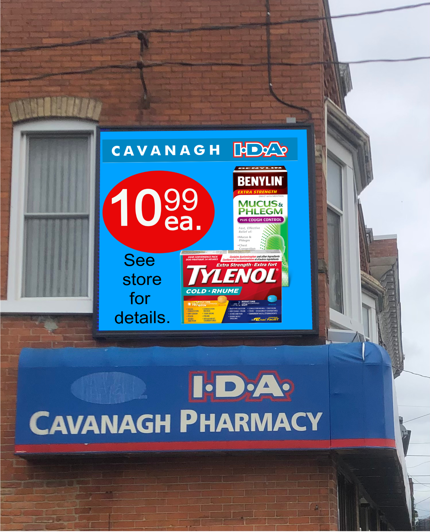 Outdoor LED digital wall sign installed for Cavanagh IDA Pharmacy in Hagersville Ontario