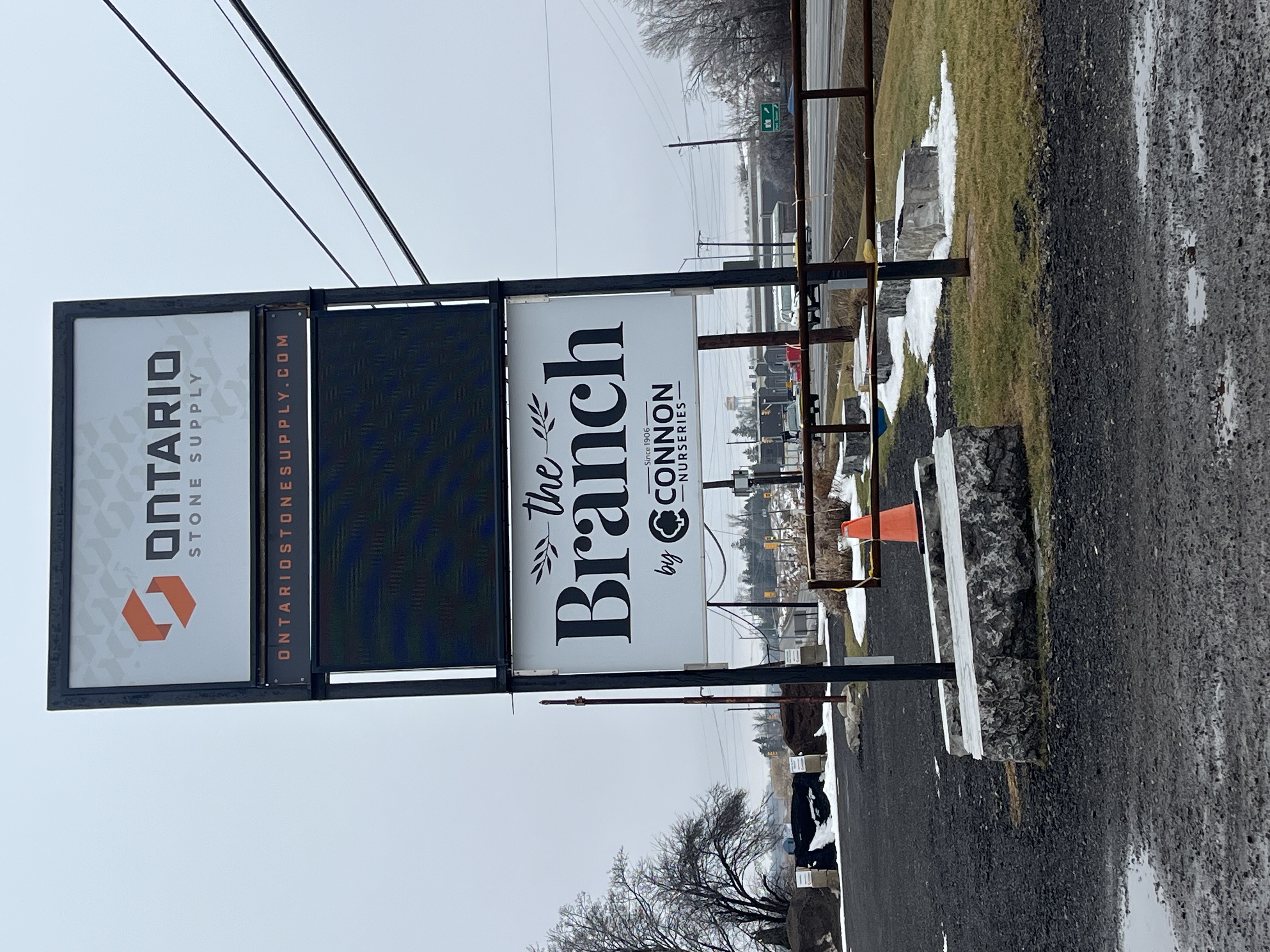 Outdoor LED digital message board installed for Ontario Stone Supply and The Branch by Connon Nurseries Ontario